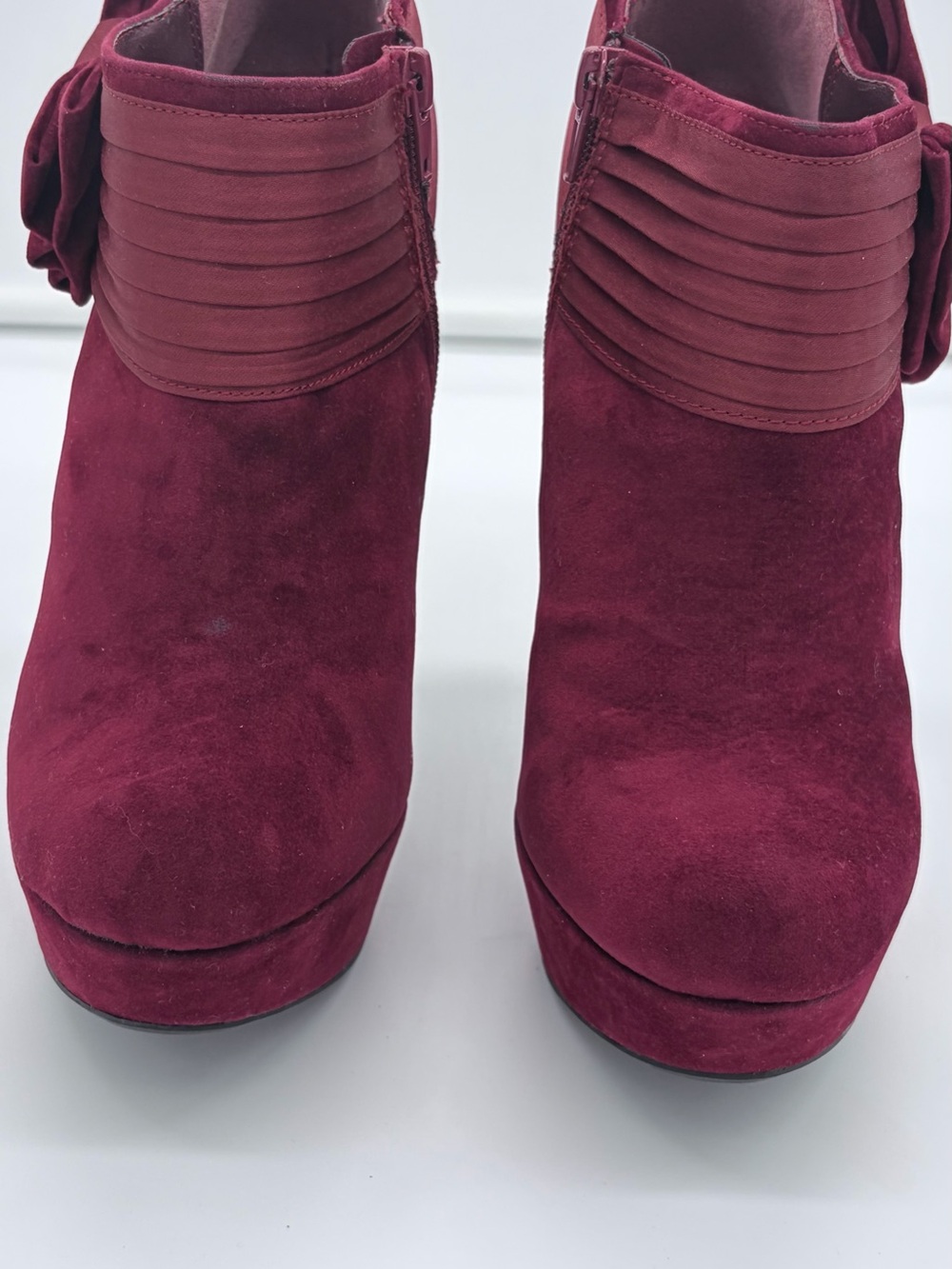 Women’s Burgundy Suede Platform Ankle Booties with Folded Ankle Detail